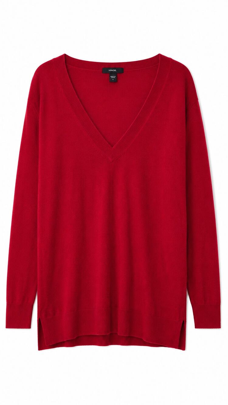 Moda International Silk Cashmere V-Neck Tunic Sweater, Red, Size L